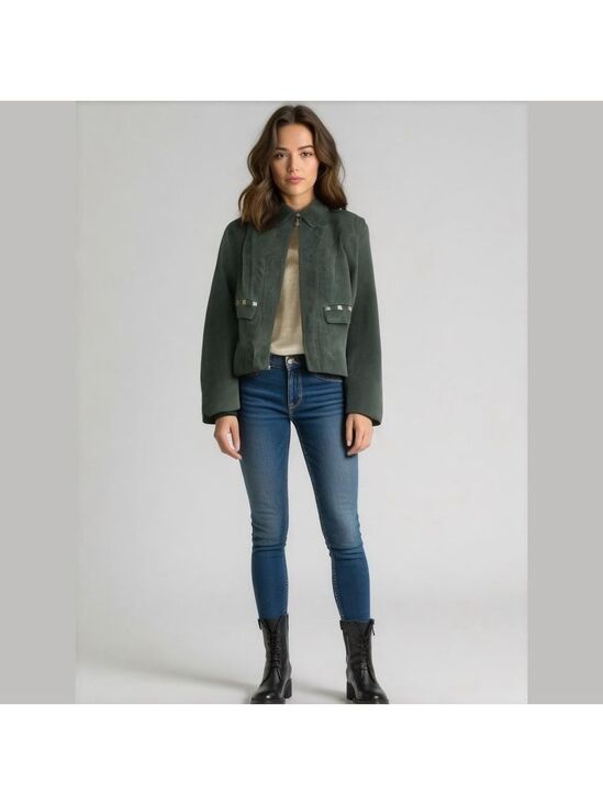 Montanaco Jackets & Blazers - MONTANACO WOMEN'S GENUINE LEATHER (SUEDE) DARK GREEN ZIP-UP JACKET SIZE SMALL